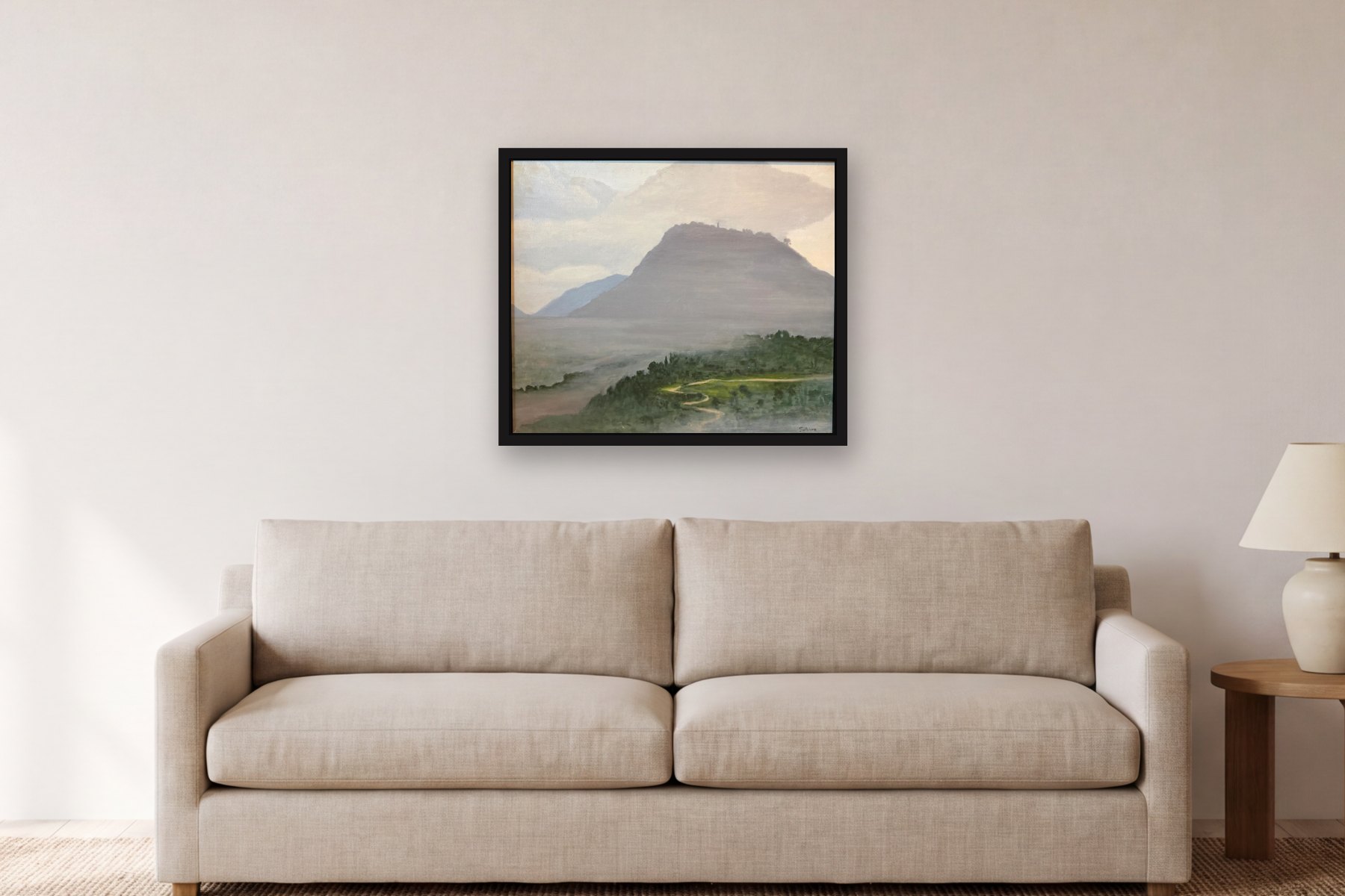 Monserrate 1978 Framed by Bill Sullivan, hanging above a sofa in a living room