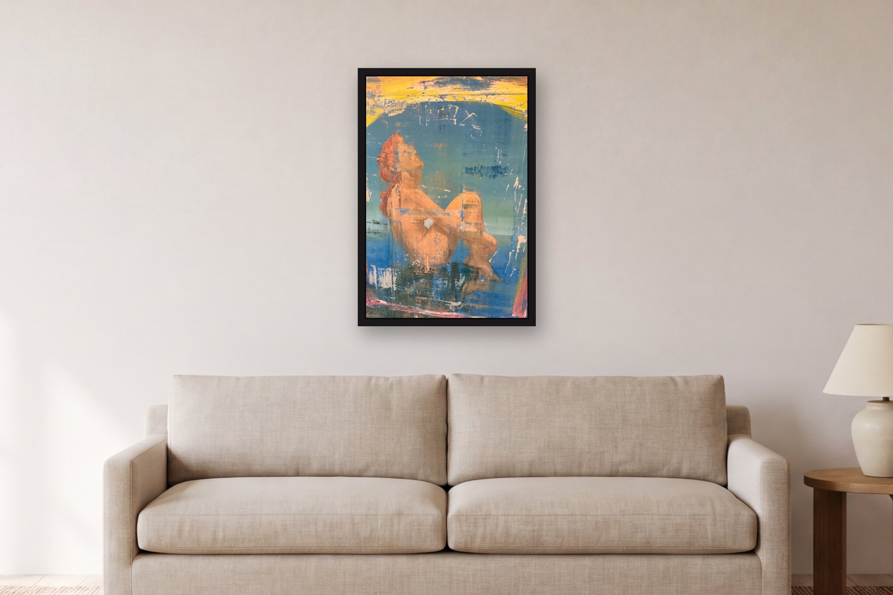 Naked Lady by Artist not recorded, hanging above a sofa in a living room