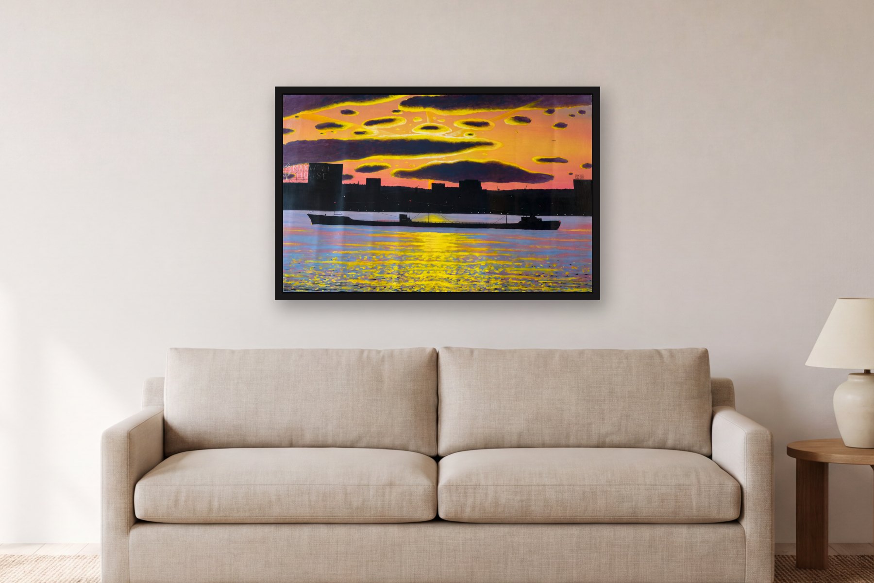 New Jersey Skyline by Bill Sullivan, hanging above a sofa in a living room