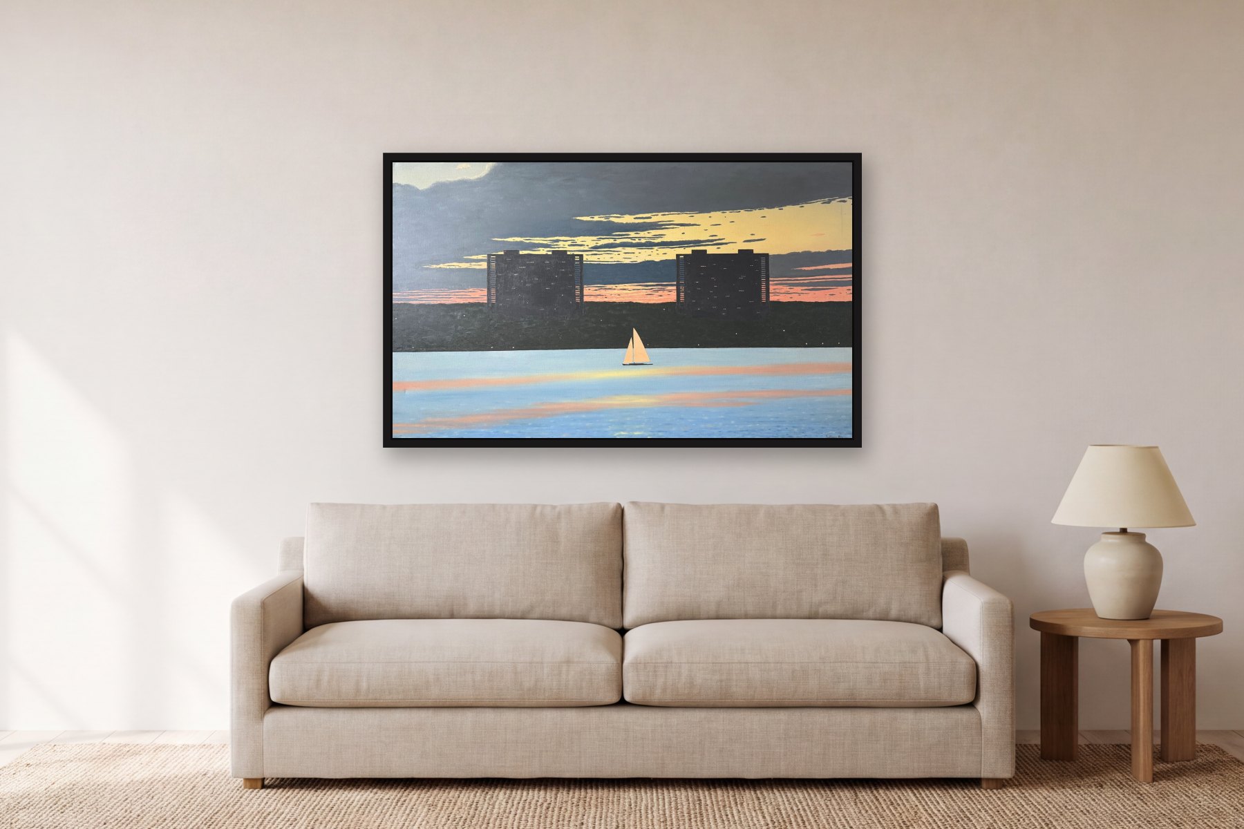 New Jersey Skyline from Manhattan by Bill Sullivan, hanging above a sofa in a living room