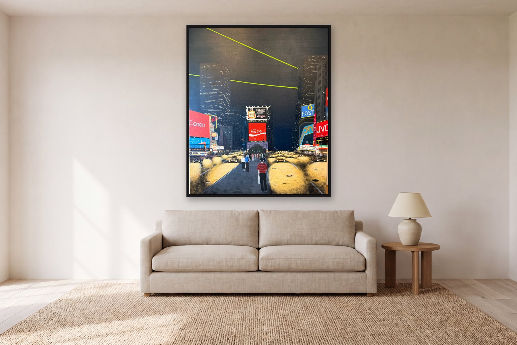 New York at Night by Bill Sullivan, hanging above a sofa in a living room