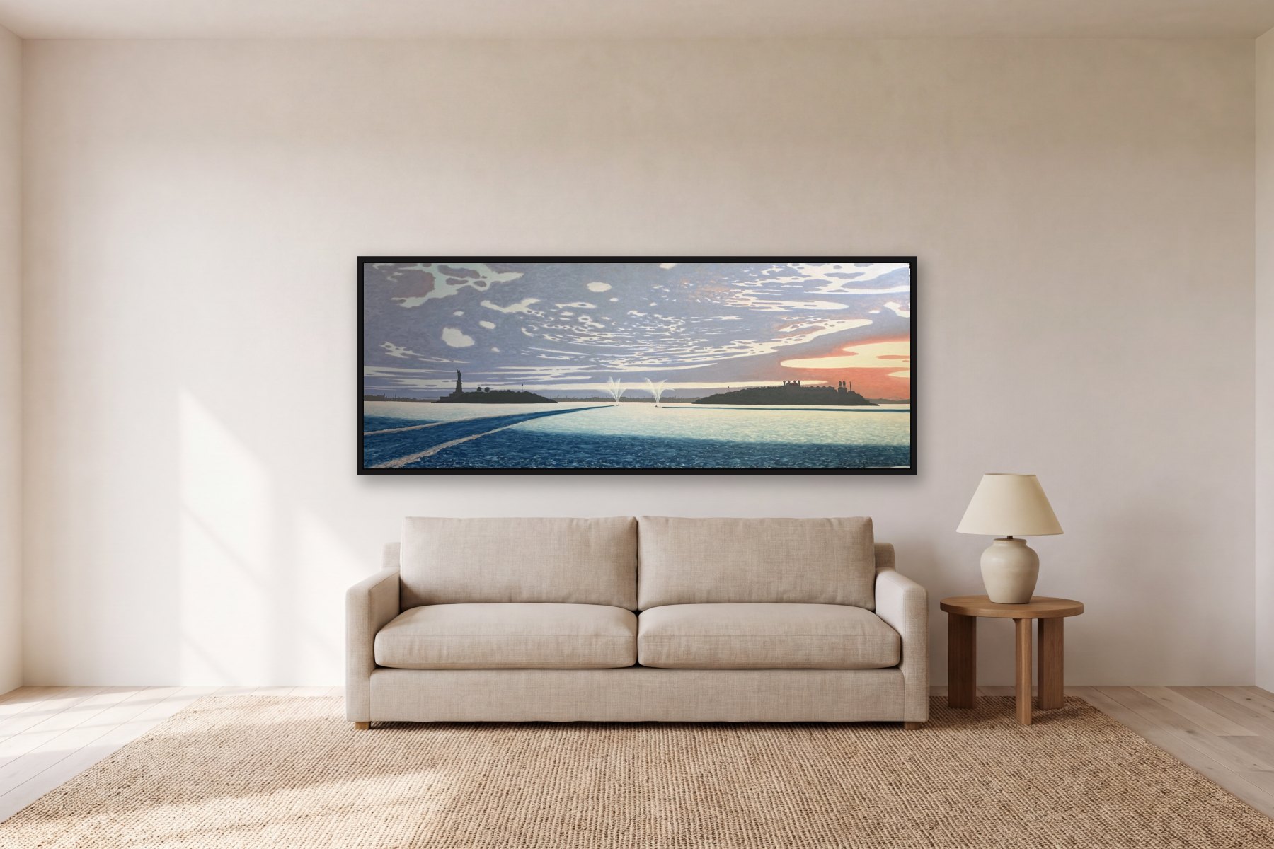 New York By Water by Bill Sullivan, hanging above a sofa in a living room
