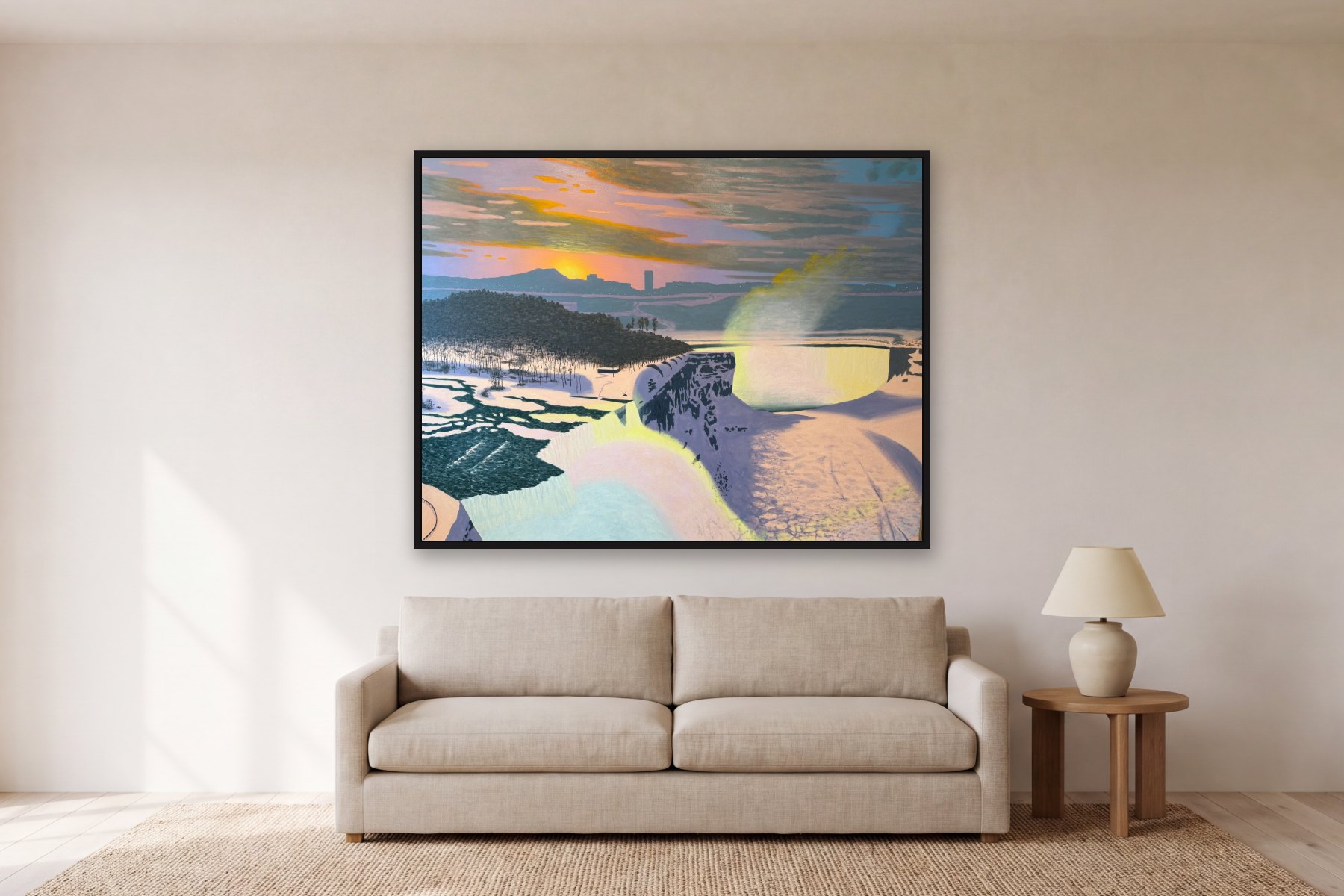 Niagara Sunset by Bill Sullivan, hanging above a sofa in a living room