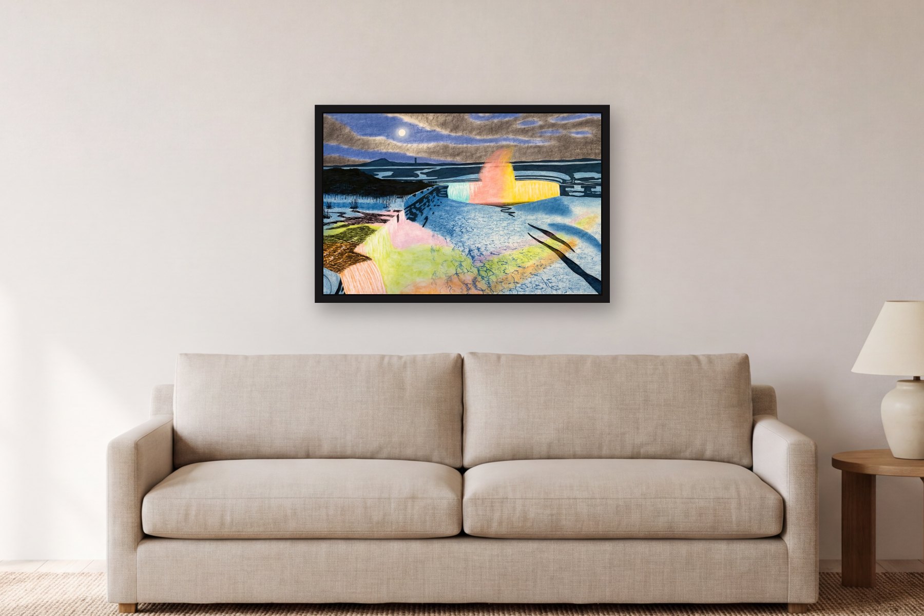 Niagara Illuminated by Bill Sullivan, hanging above a sofa in a living room