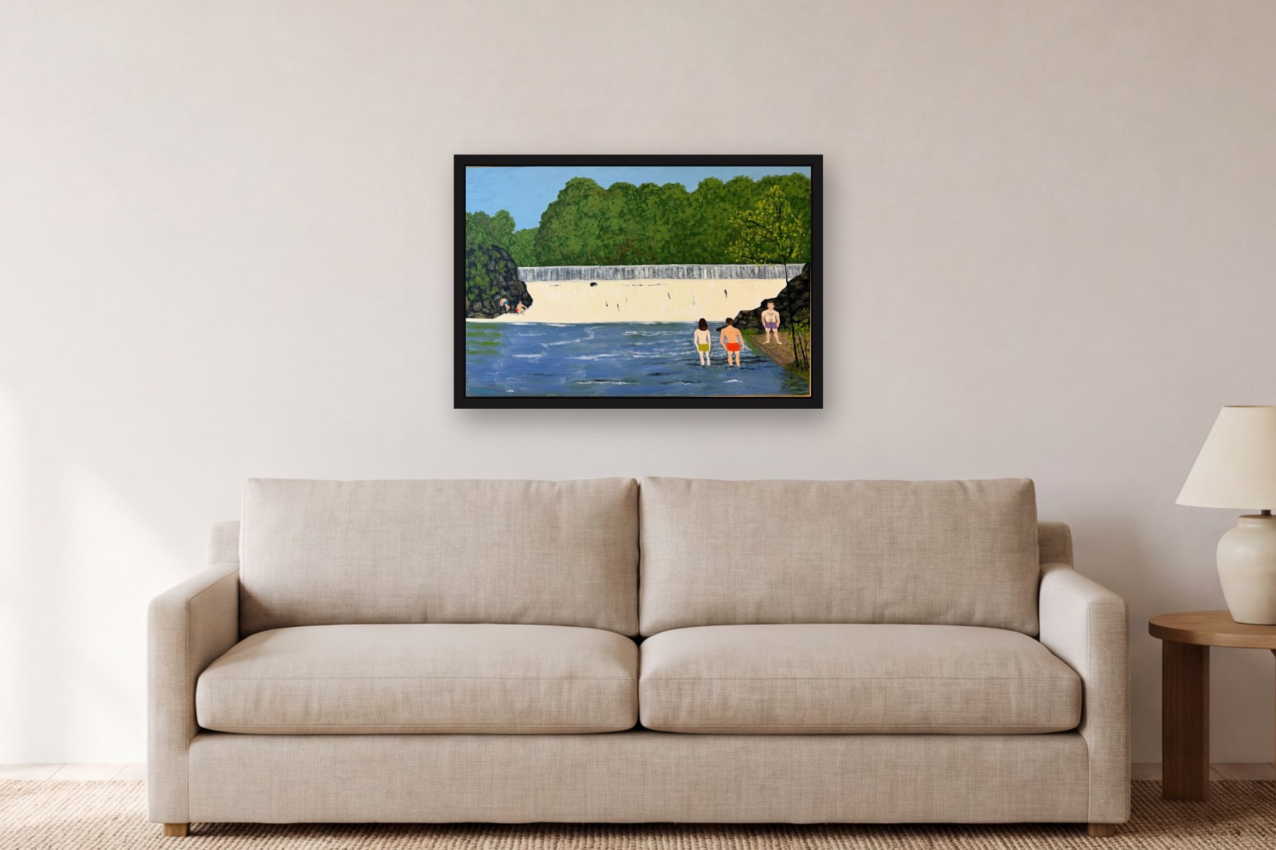 NY Lake by Bill Sullivan, hanging above a sofa in a living room
