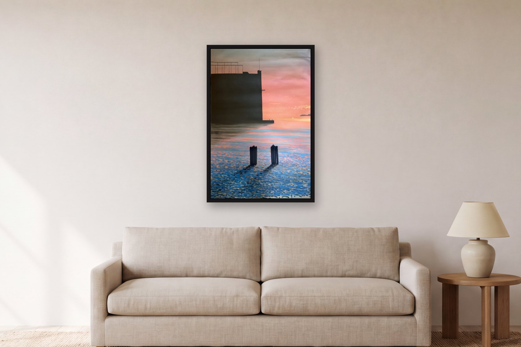 Old Pier in New York by Bill Sullivan, hanging above a sofa in a living room