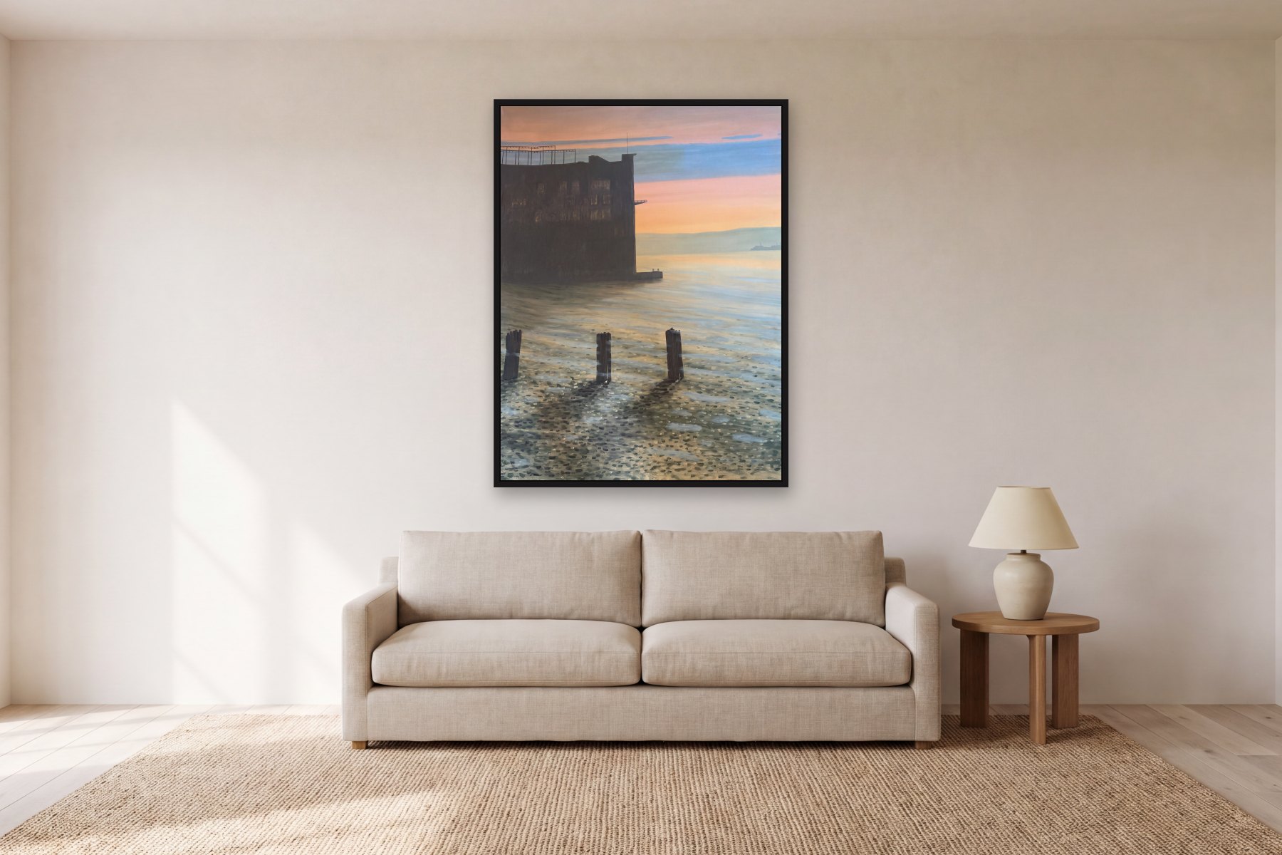 Old Pier in New York by Bill Sullivan, hanging above a sofa in a living room