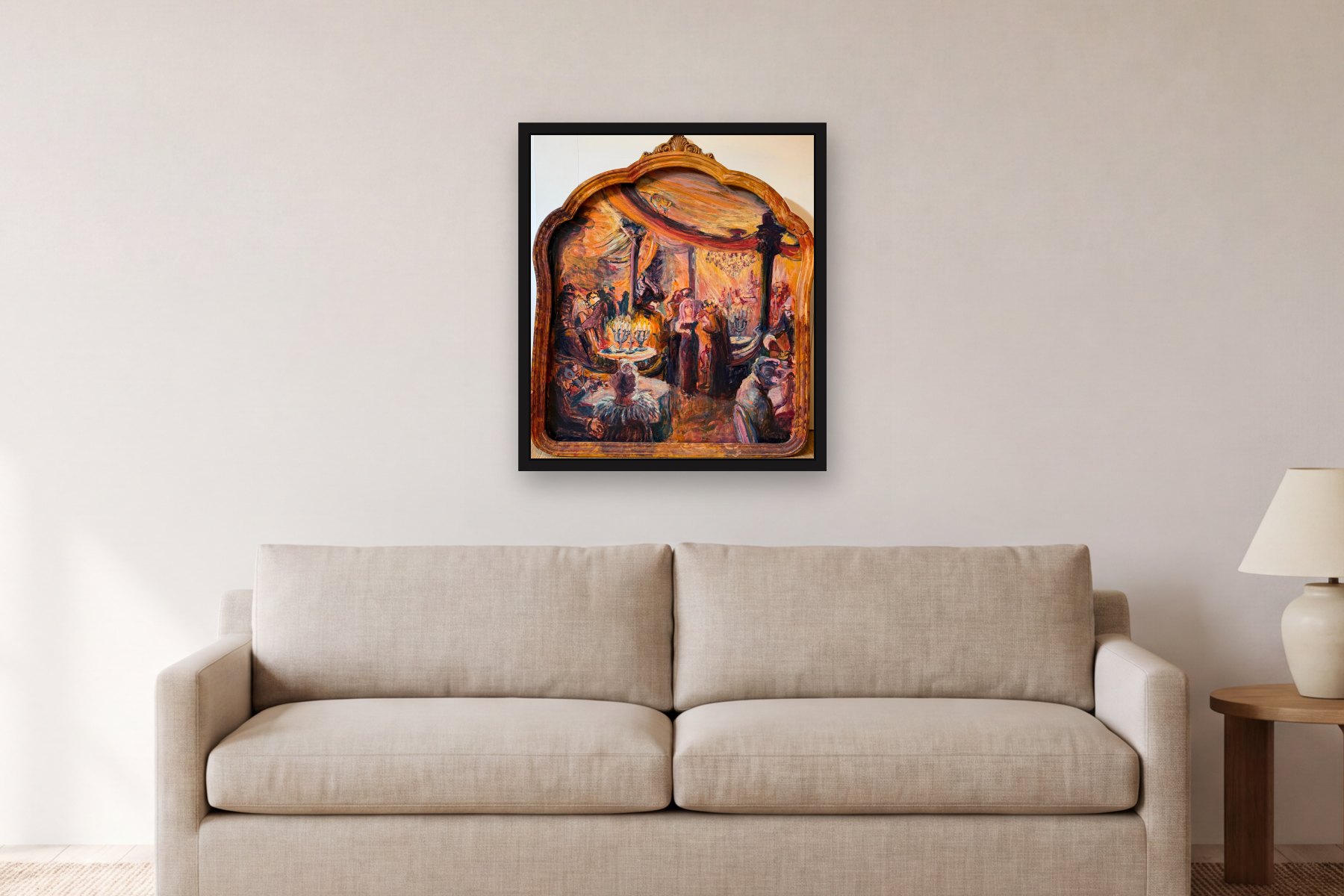 Party in a Frame by Artist not recorded, hanging above a sofa in a living room