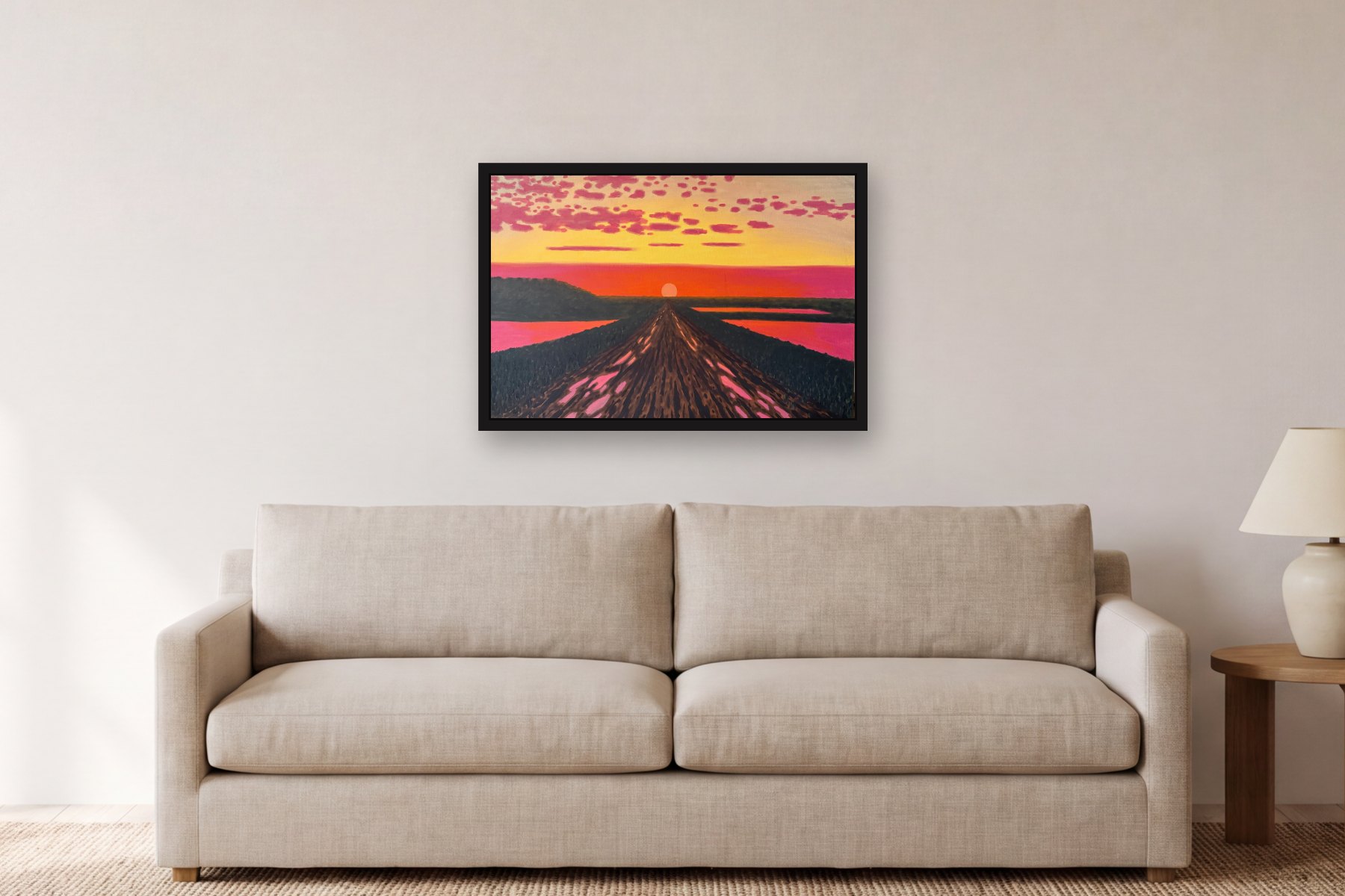 Road to Sun by Bill Sullivan, hanging above a sofa in a living room