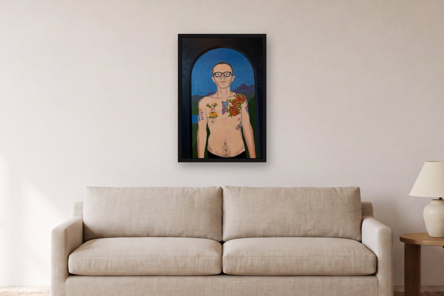 Roses by Bill Sullivan, hanging above a sofa in a living room