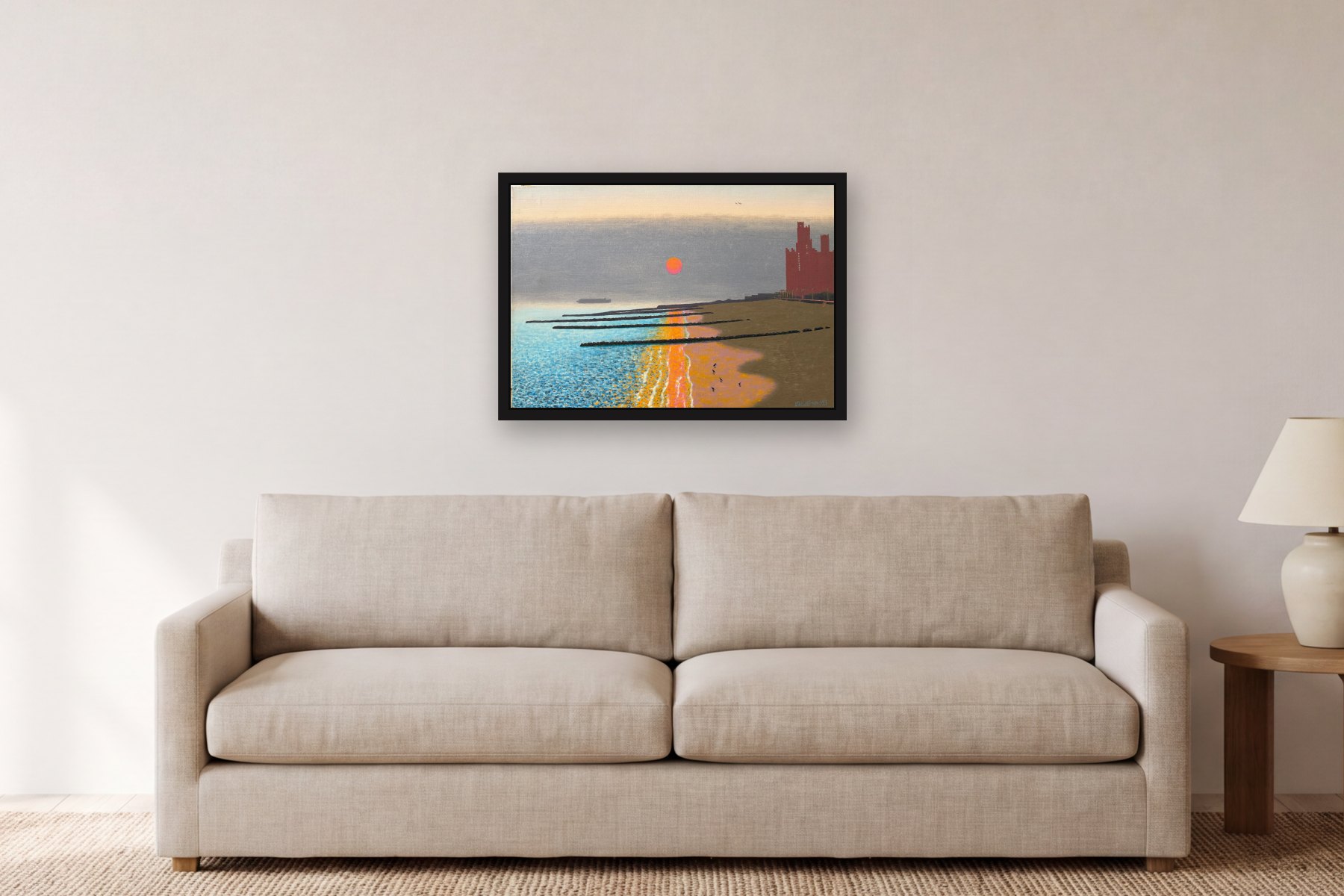 Serenity Beach by Bill Sullivan, hanging above a sofa in a living room