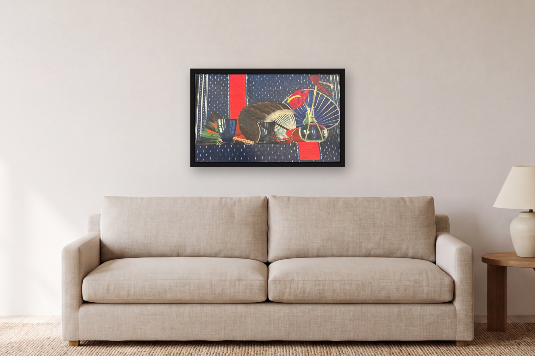 Still Life with Fans by Bill Sullivan, hanging above a sofa in a living room