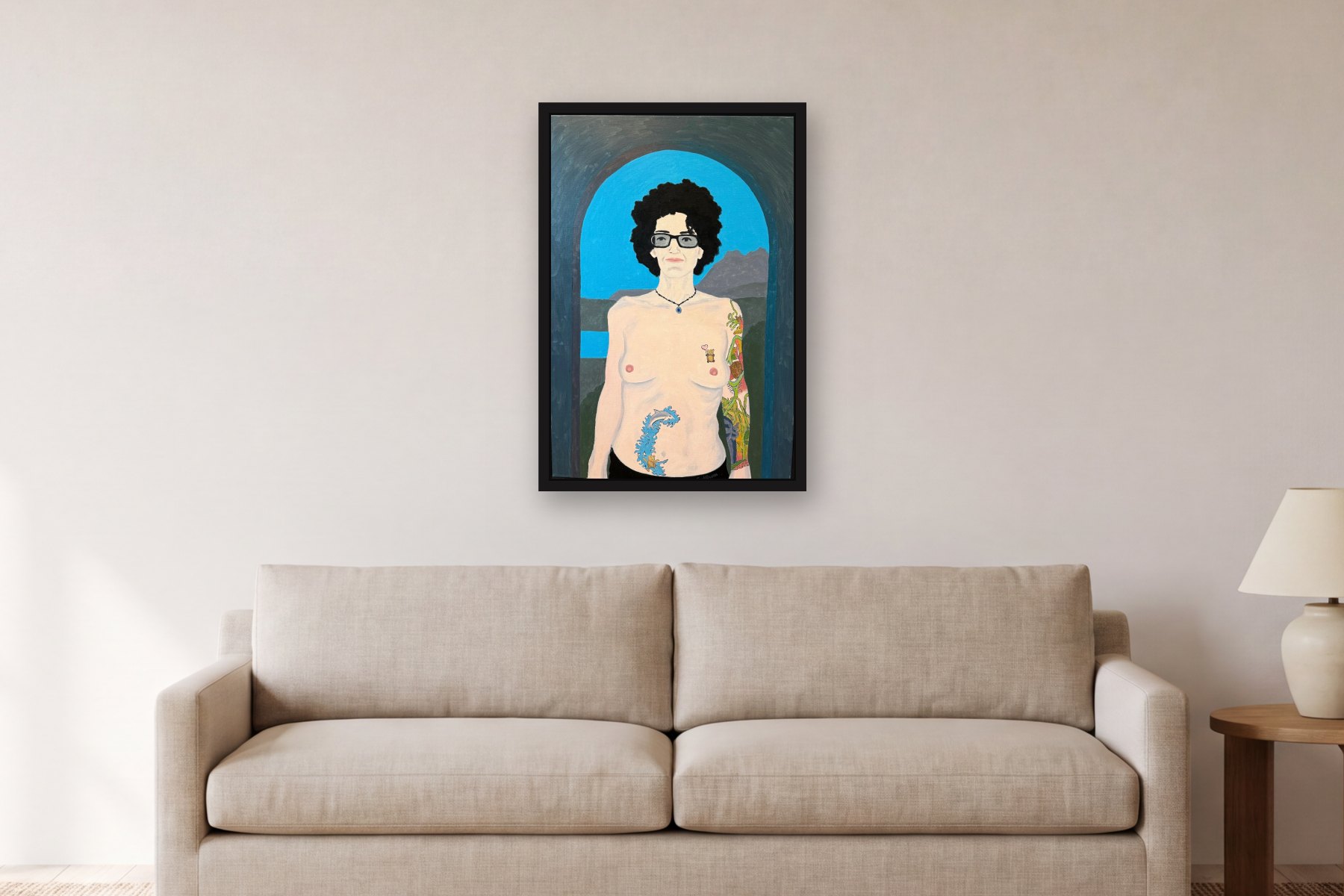 Teddy Bear by Bill Sullivan, hanging above a sofa in a living room