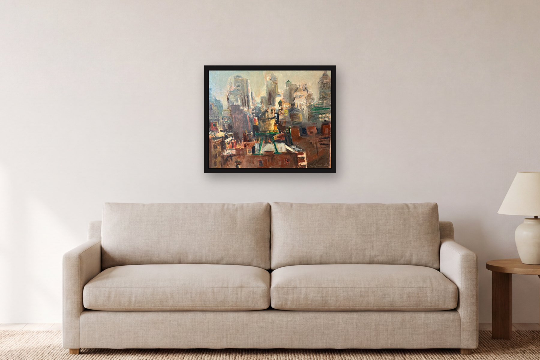 Untitled by Middlanan, hanging above a sofa in a living room