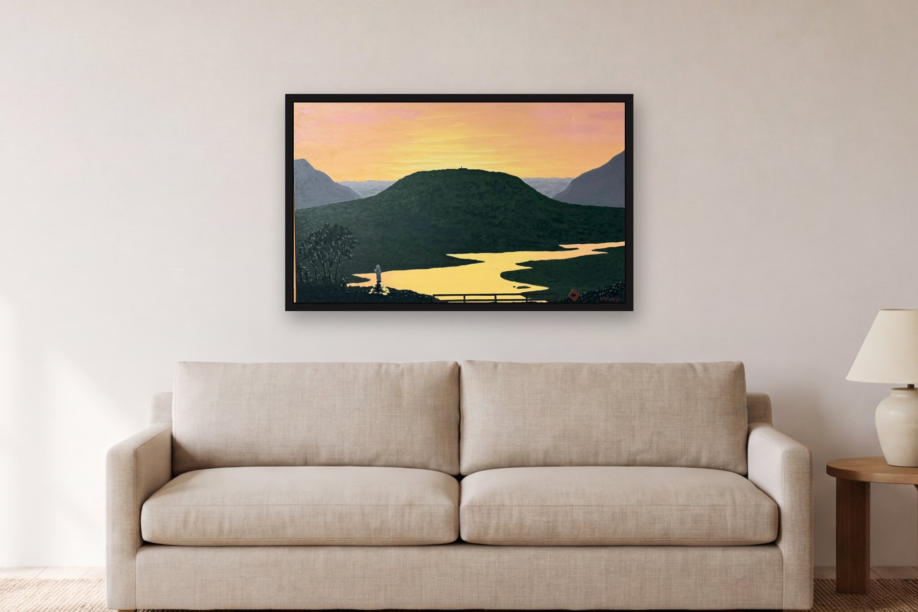 Virgin of the Motorist by Bill Sullivan, hanging above a sofa in a living room