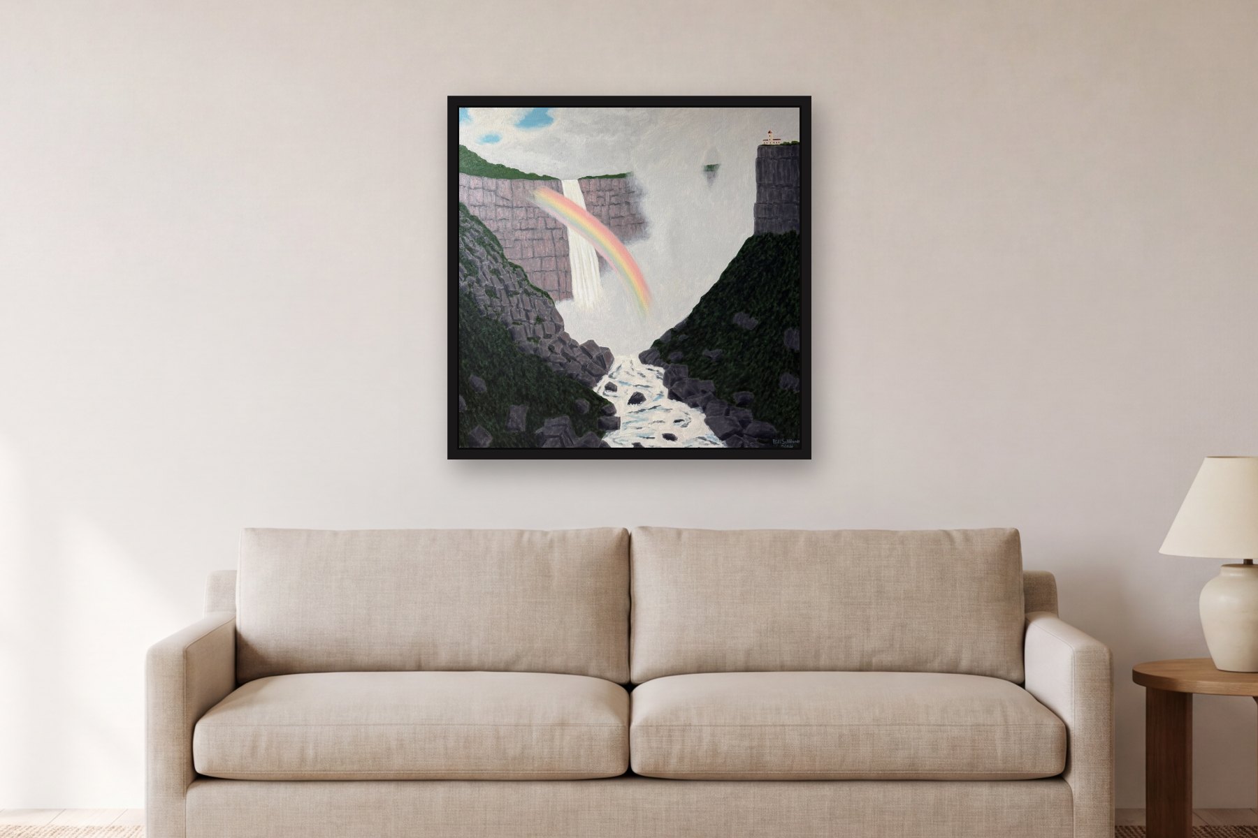 Waterfall by Bill Sullivan, hanging above a sofa in a living room