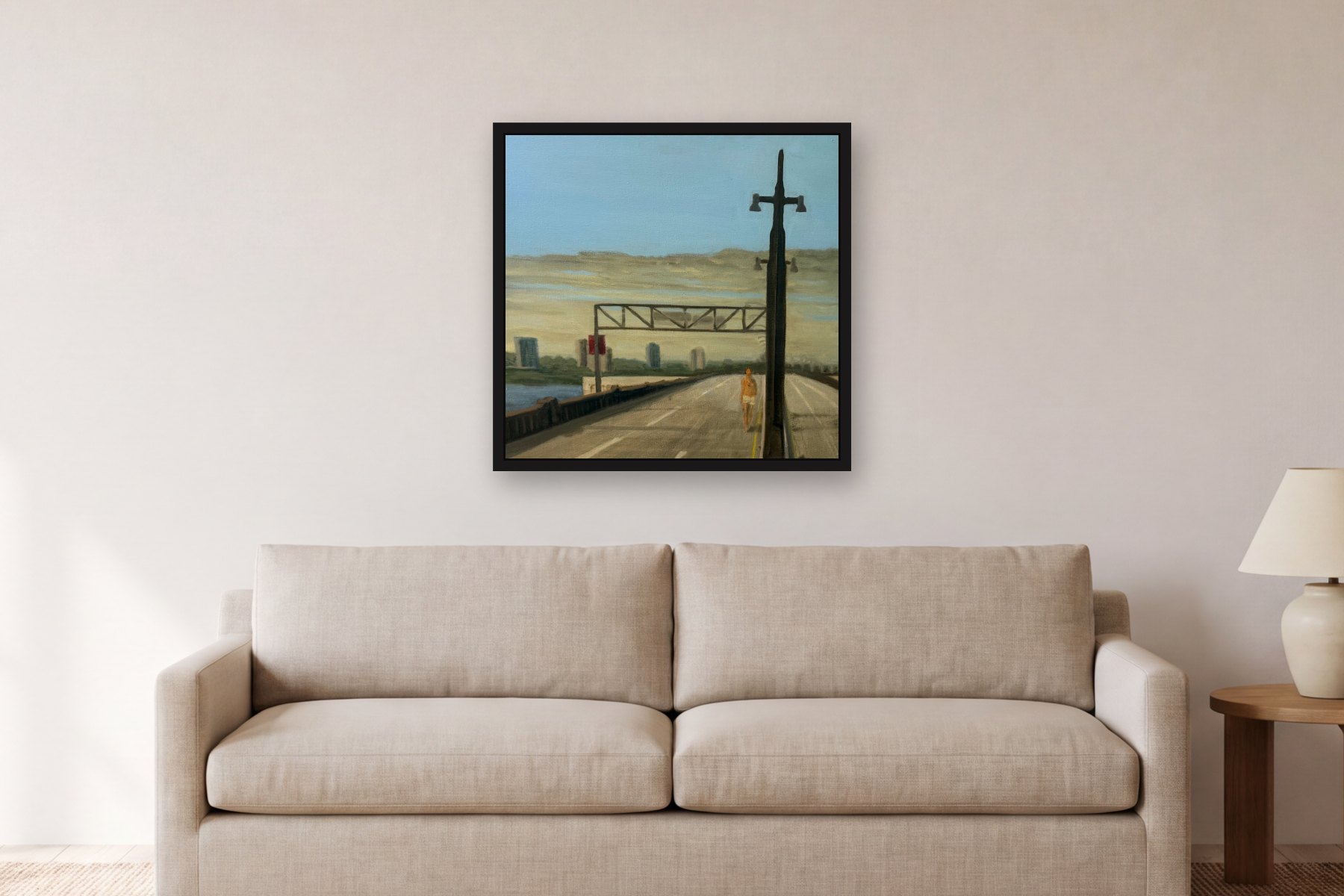 West Side Highway by Bill Sullivan, hanging above a sofa in a living room