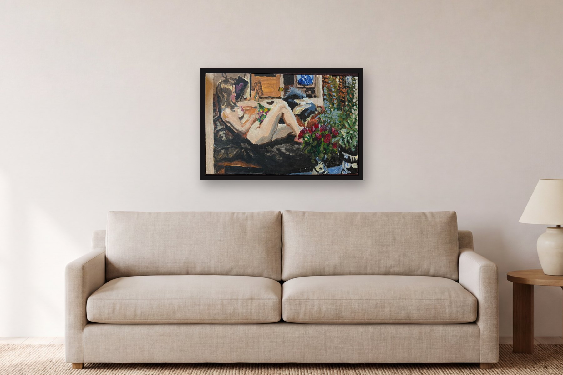 Woman Lounging by Artist not recorded, hanging above a sofa in a living room