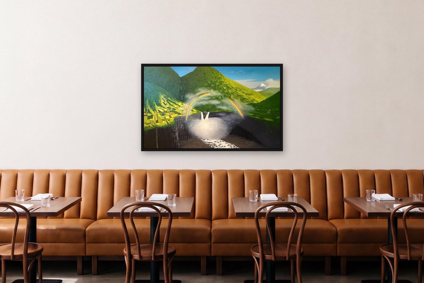 Agoyán by Bill Sullivan, hanging above a banquette in a restaurant
