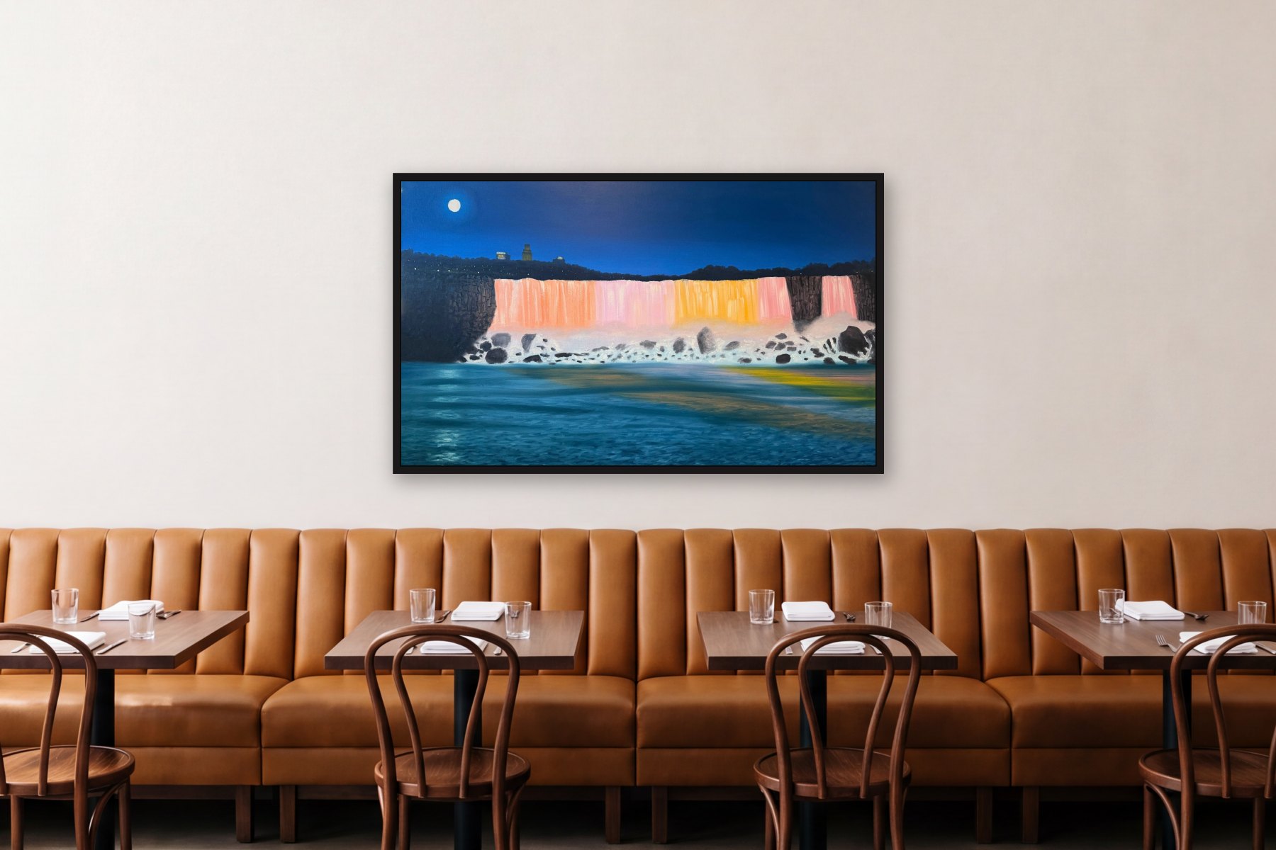 American Falls Illuminated by Bill Sullivan, hanging above a banquette in a restaurant