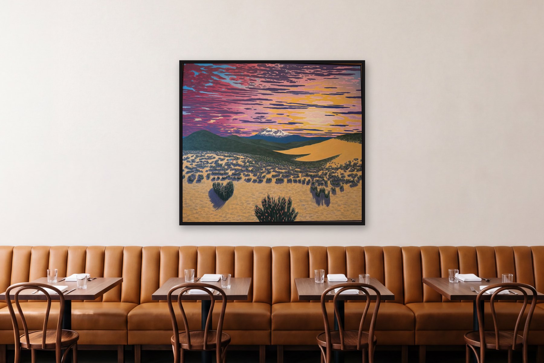 Chimbarazo III by Bill Sullivan, hanging above a banquette in a restaurant