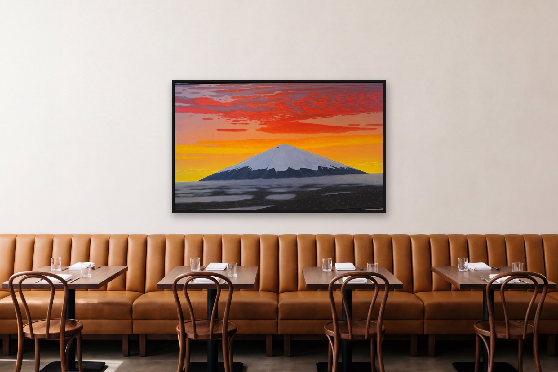 Cotopaxi by Bill Sullivan, hanging above a banquette in a restaurant