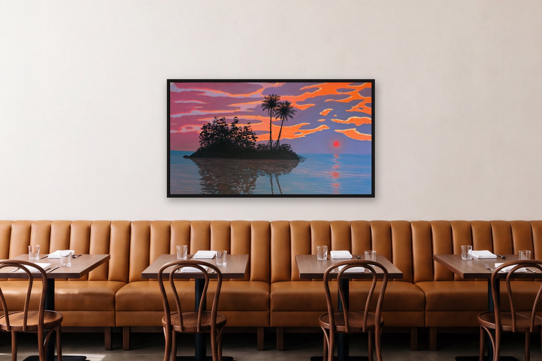 Imaginary Scene Inspired by the Magdalena River in Colombia by Bill Sullivan, hanging above a banquette in a restaurant