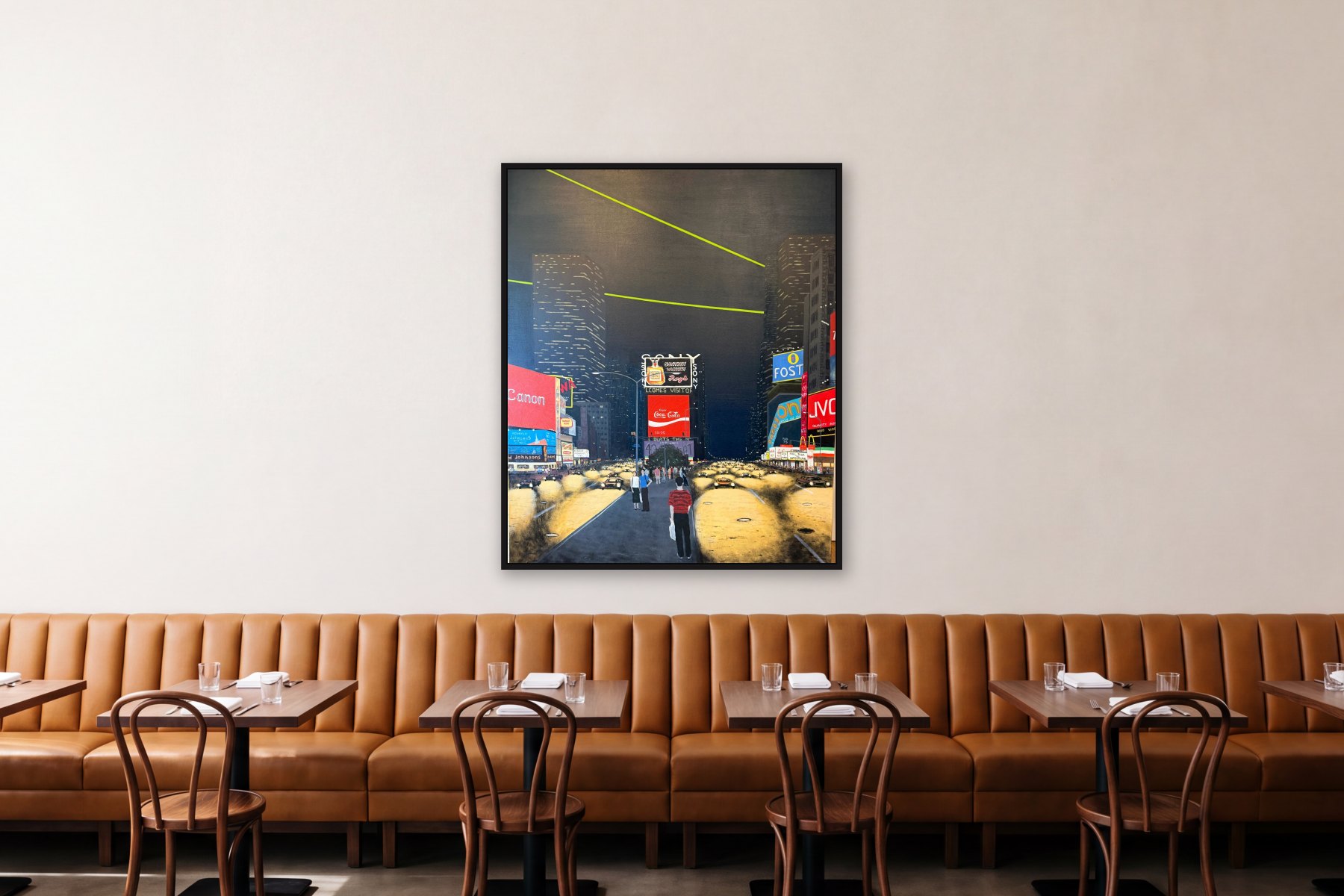 New York at Night by Bill Sullivan, hanging above a banquette in a restaurant