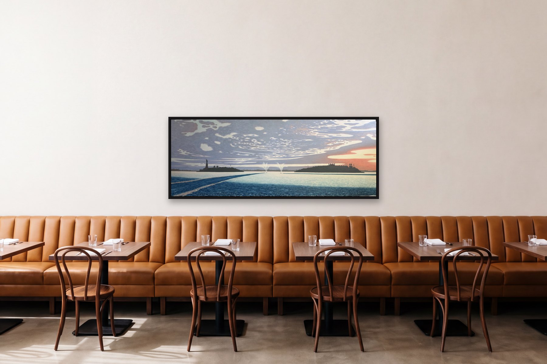 New York By Water by Bill Sullivan, hanging above a banquette in a restaurant