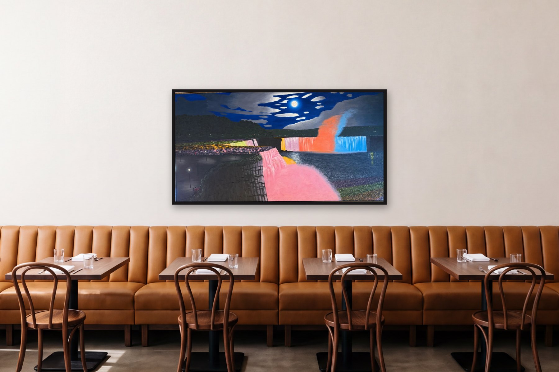 Second Honeymoon by Bill Sullivan, hanging above a banquette in a restaurant
