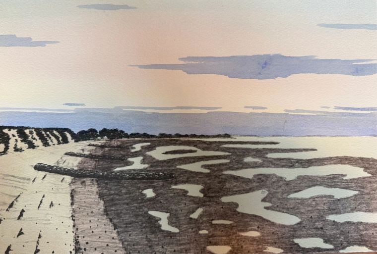 Brewster Flats, Lithograph, pencil and wash watercolor, Bill Sullivan