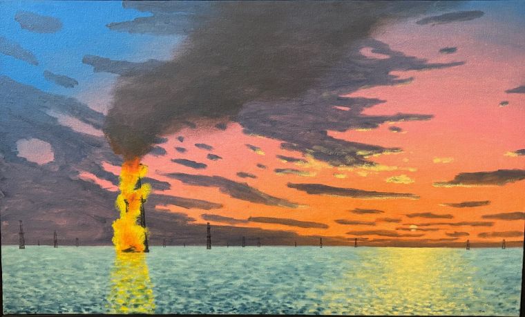 Burning Oil Well in Lake Maracaibo, Oil on canvas, Bill Sullivan
