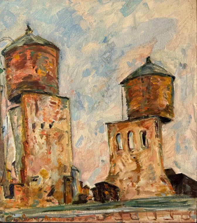 Untitled (Water Tanks), Oil on board, Artist not recorded