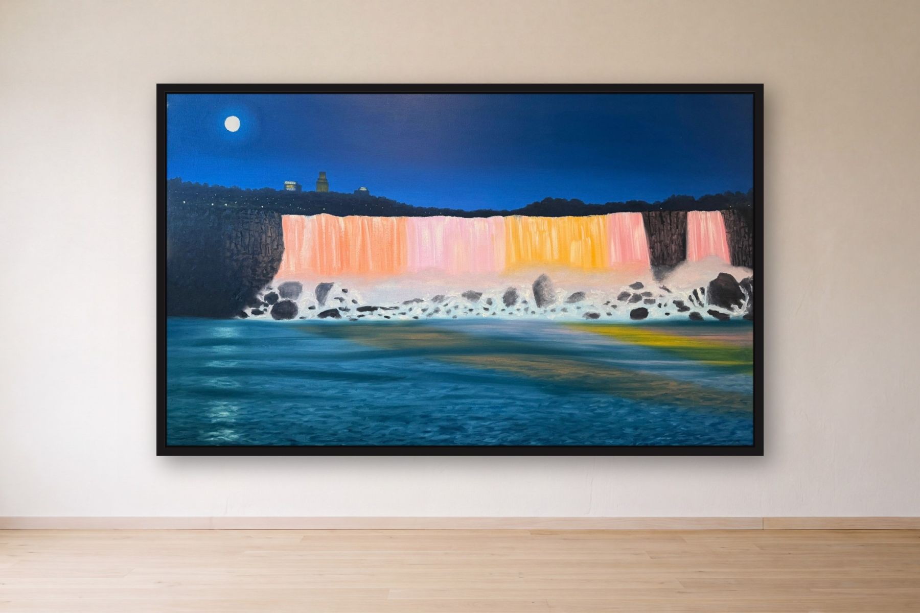 American Falls Illuminated by Bill Sullivan, framed on a gallery wall