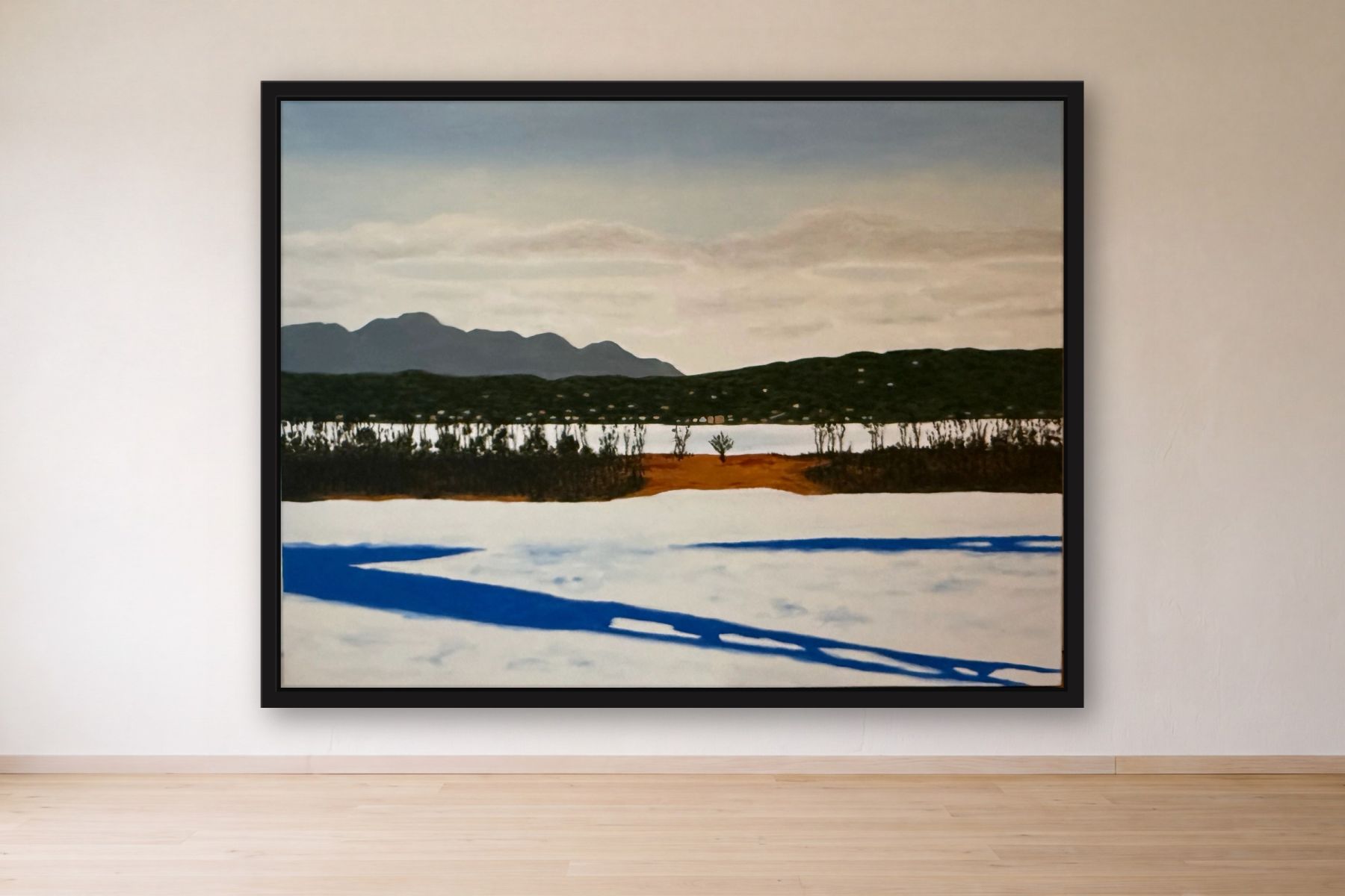 Athens from Hudson in Winter by Bill Sullivan, framed on a gallery wall