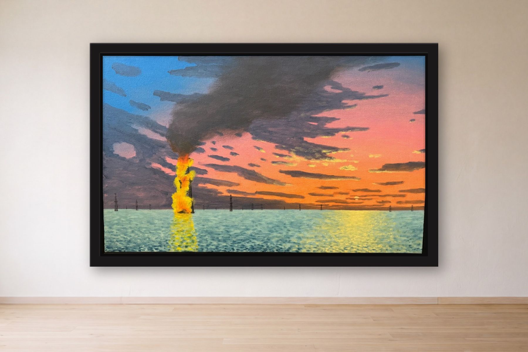 Burning Oil Well in Lake Maracaibo by Bill Sullivan, framed on a gallery wall