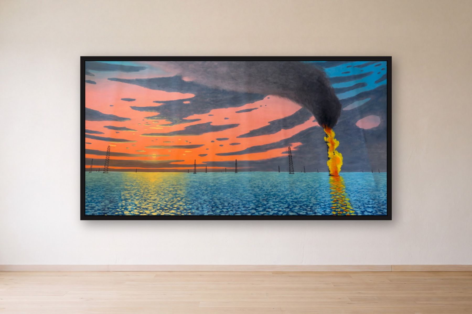 Burning Oil Well in Lake Maracaibo by Bill Sullivan, framed on a gallery wall