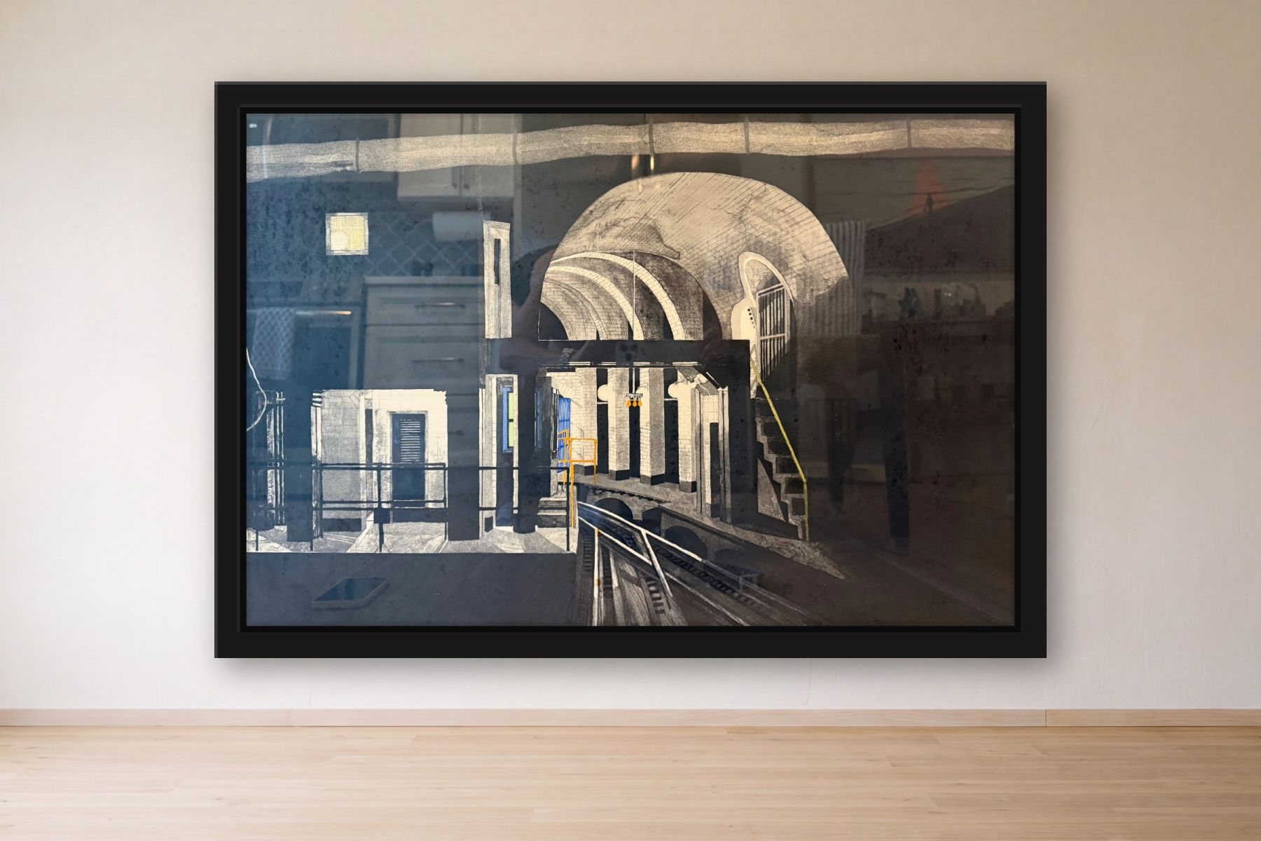Deep Station: A View from the Tracks by Donna Dennis, framed on a gallery wall