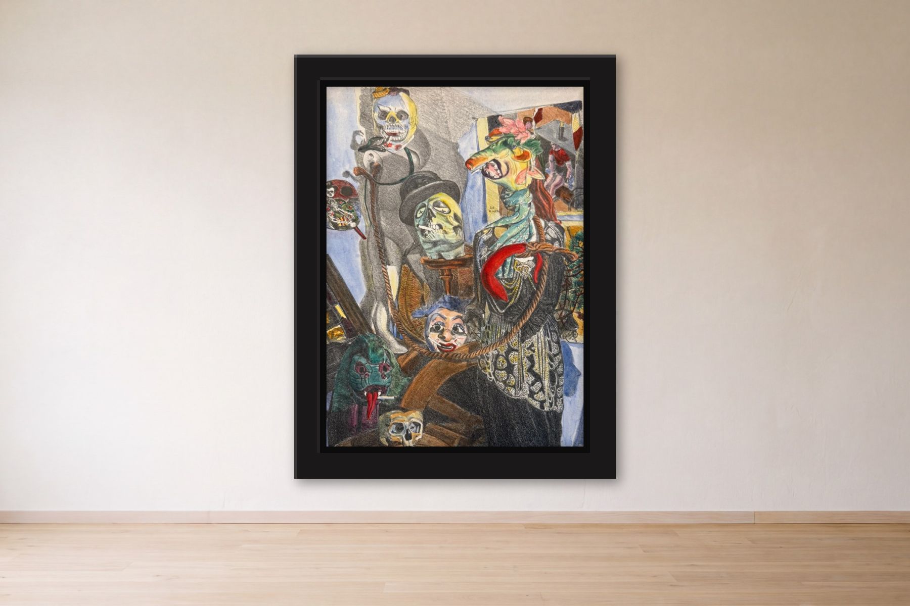 Fandores Peligrosas by Lawrence Steven Faden, framed on a gallery wall