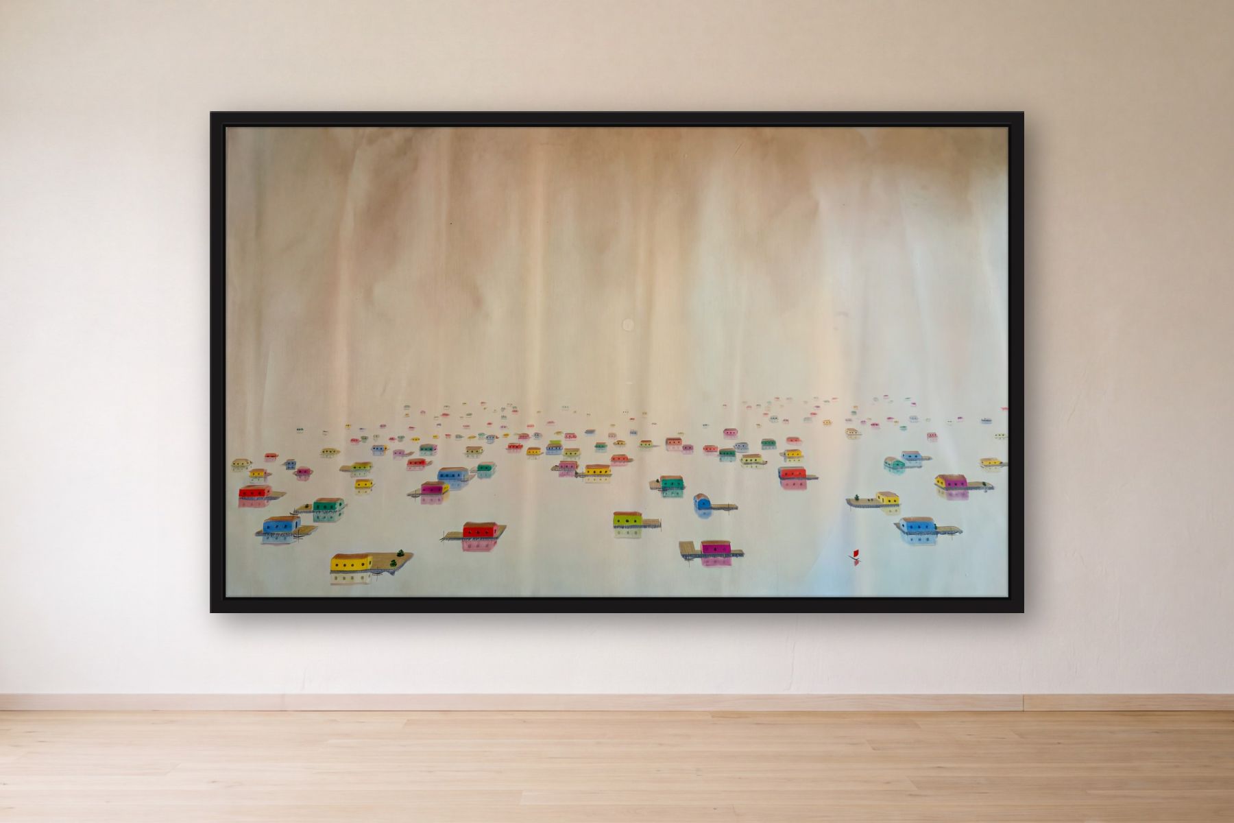 Floating Village by Bill Sullivan, framed on a gallery wall