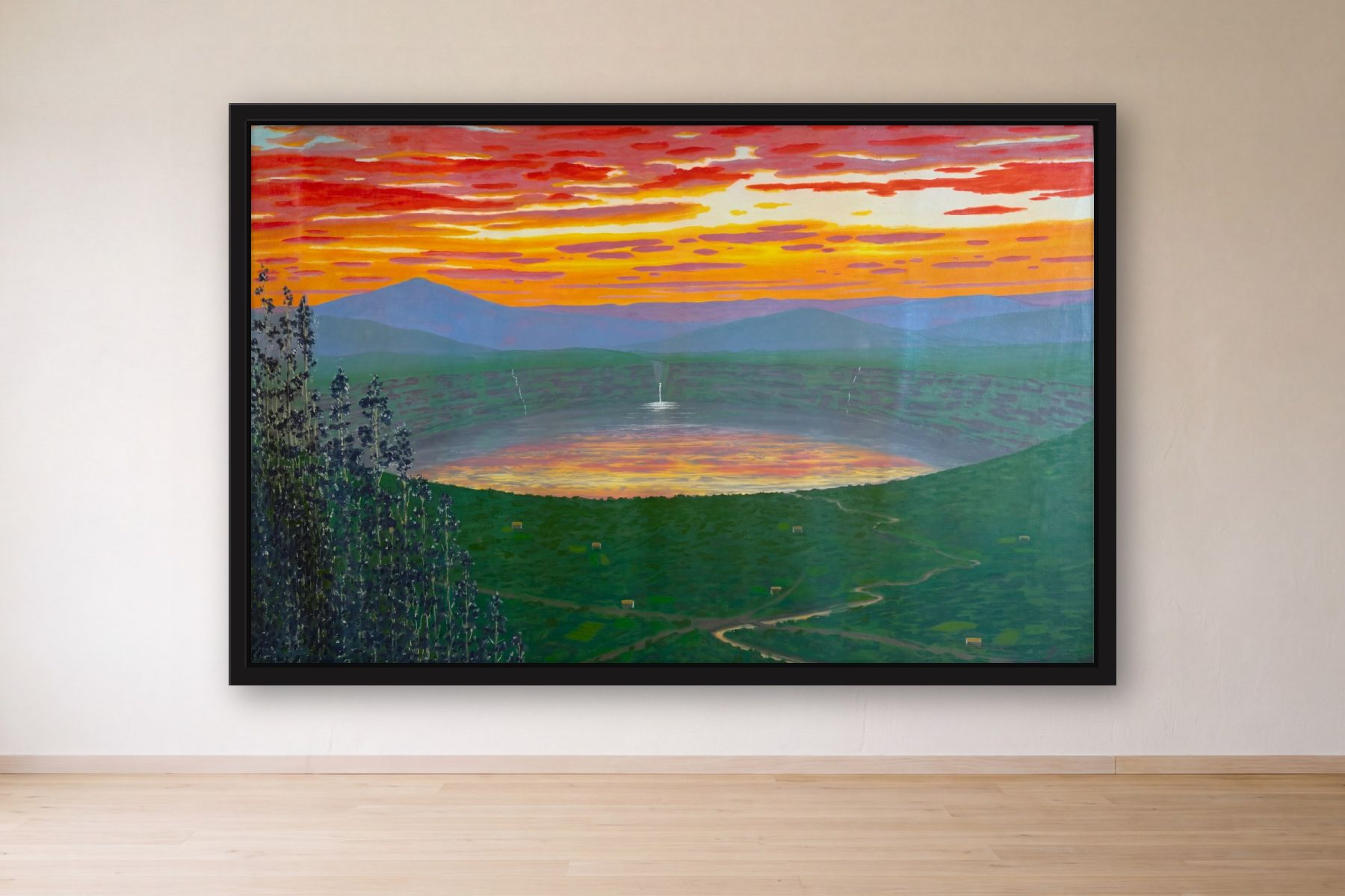 Guatavita Lake in Colombia by Bill Sullivan, framed on a gallery wall
