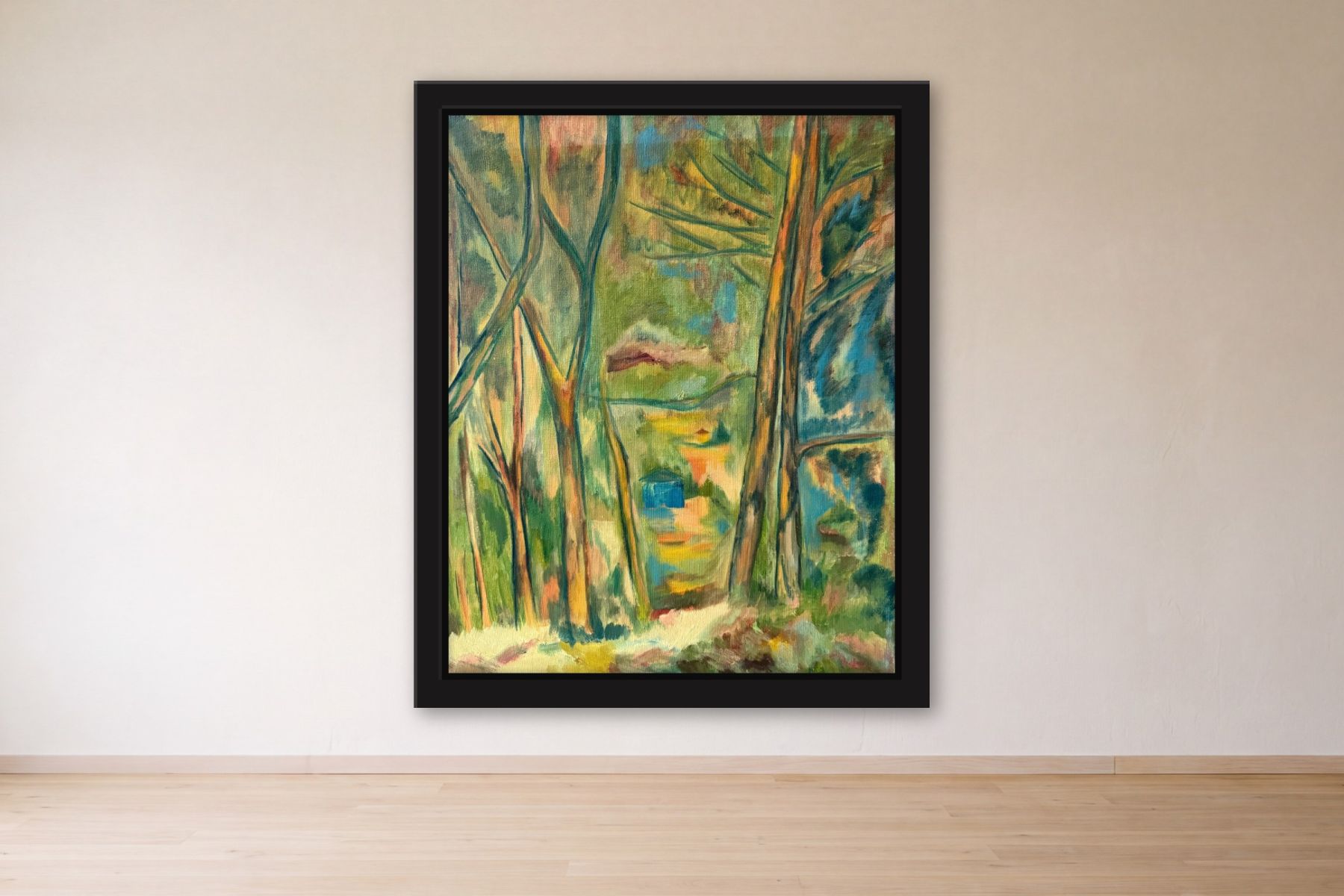 House in Woods by Artist not recorded, framed on a gallery wall