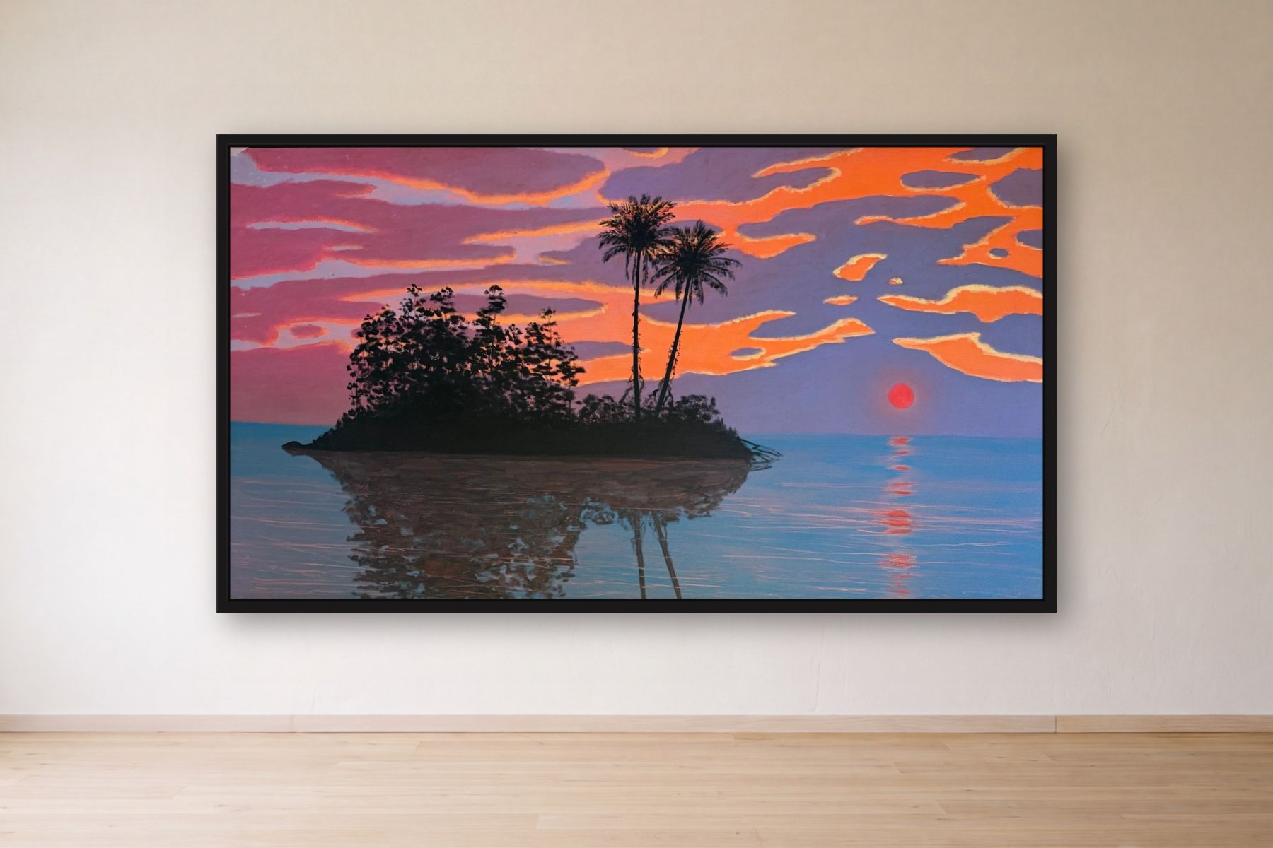 Imaginary Scene Inspired by the Magdalena River in Colombia by Bill Sullivan, framed on a gallery wall