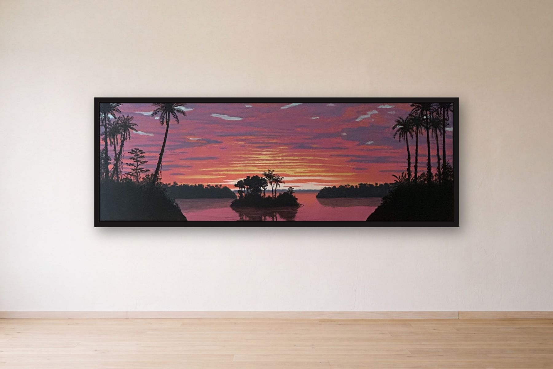 Imaginary Scene Inspired by the Magdalena River in Colombia II by Bill Sullivan, framed on a gallery wall