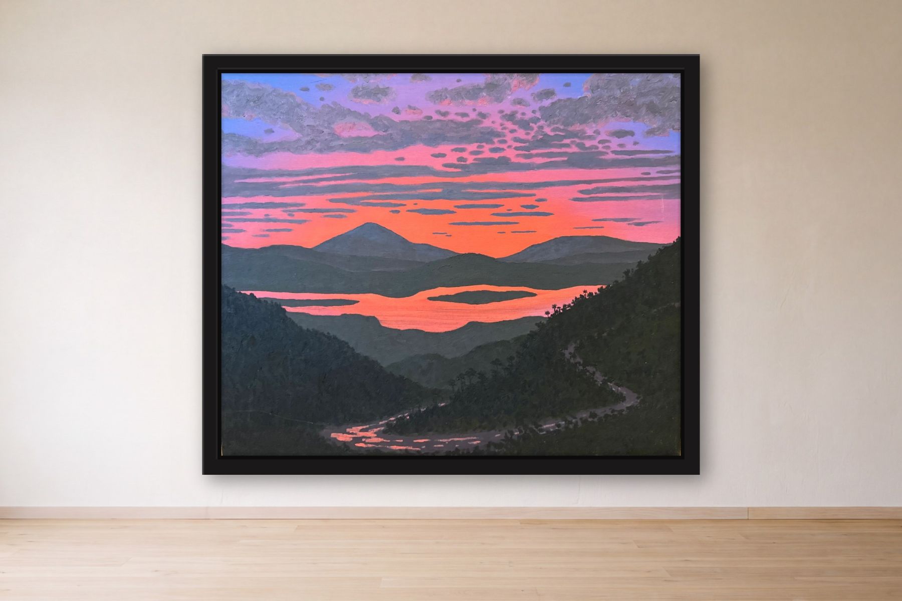 Mountain and River by Bill Sullivan, framed on a gallery wall