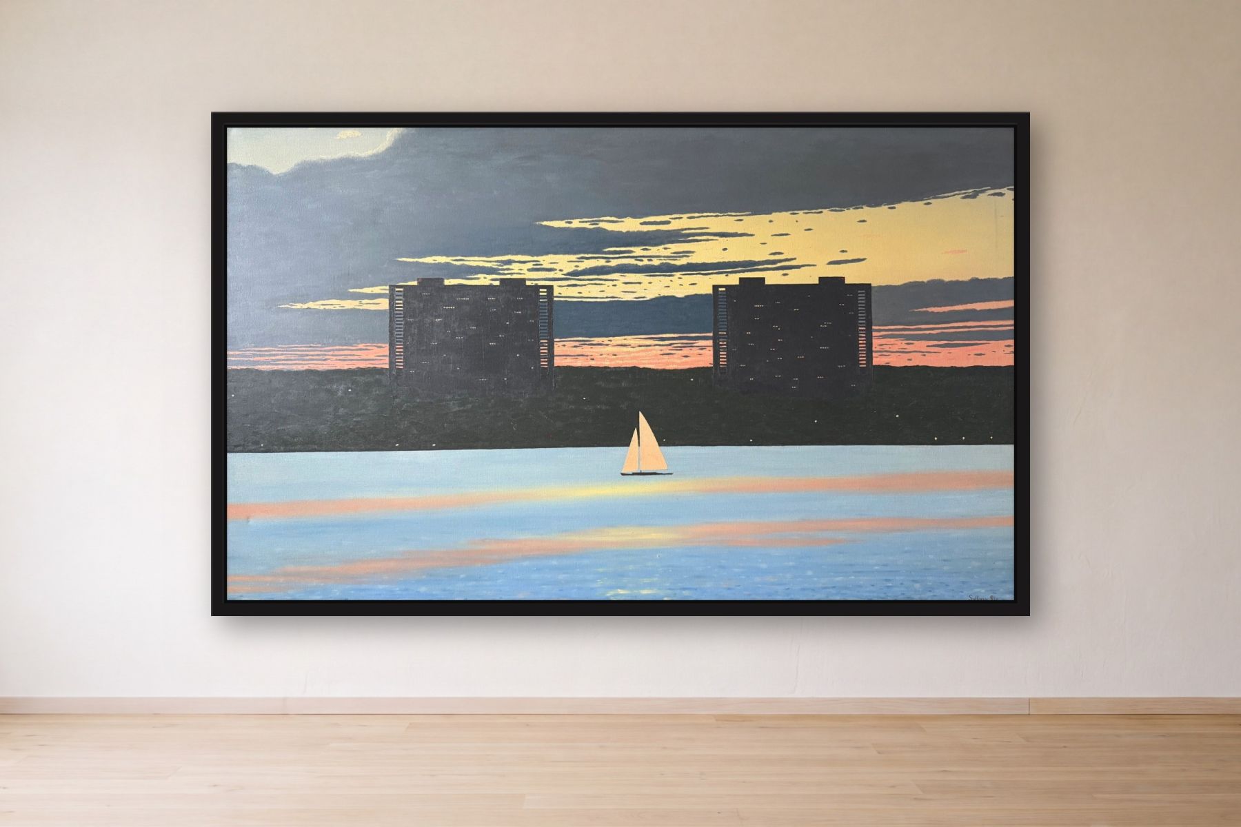 New Jersey Skyline from Manhattan by Bill Sullivan, framed on a gallery wall