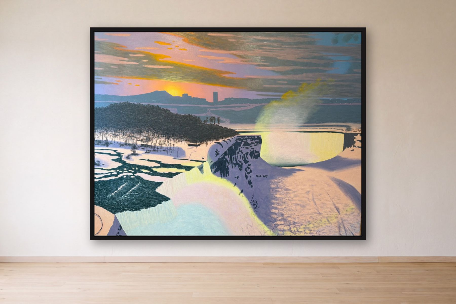 Niagara Sunset by Bill Sullivan, framed on a gallery wall