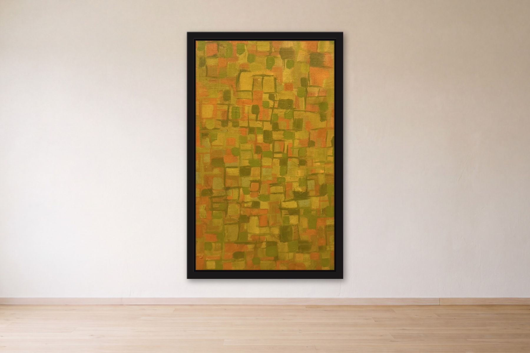 Orange Blocks by Bill Sullivan, framed on a gallery wall