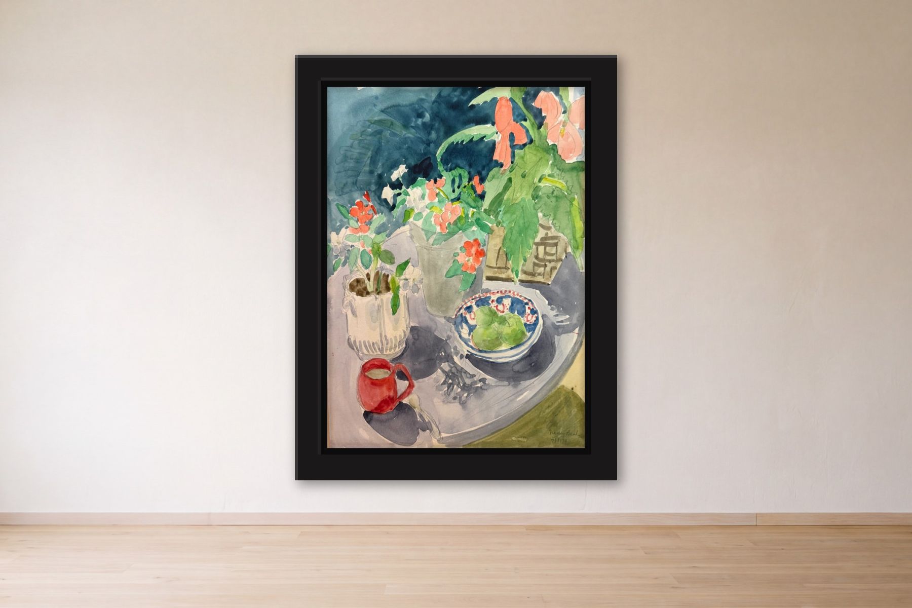 Still Life by Nancy Beal, framed on a gallery wall