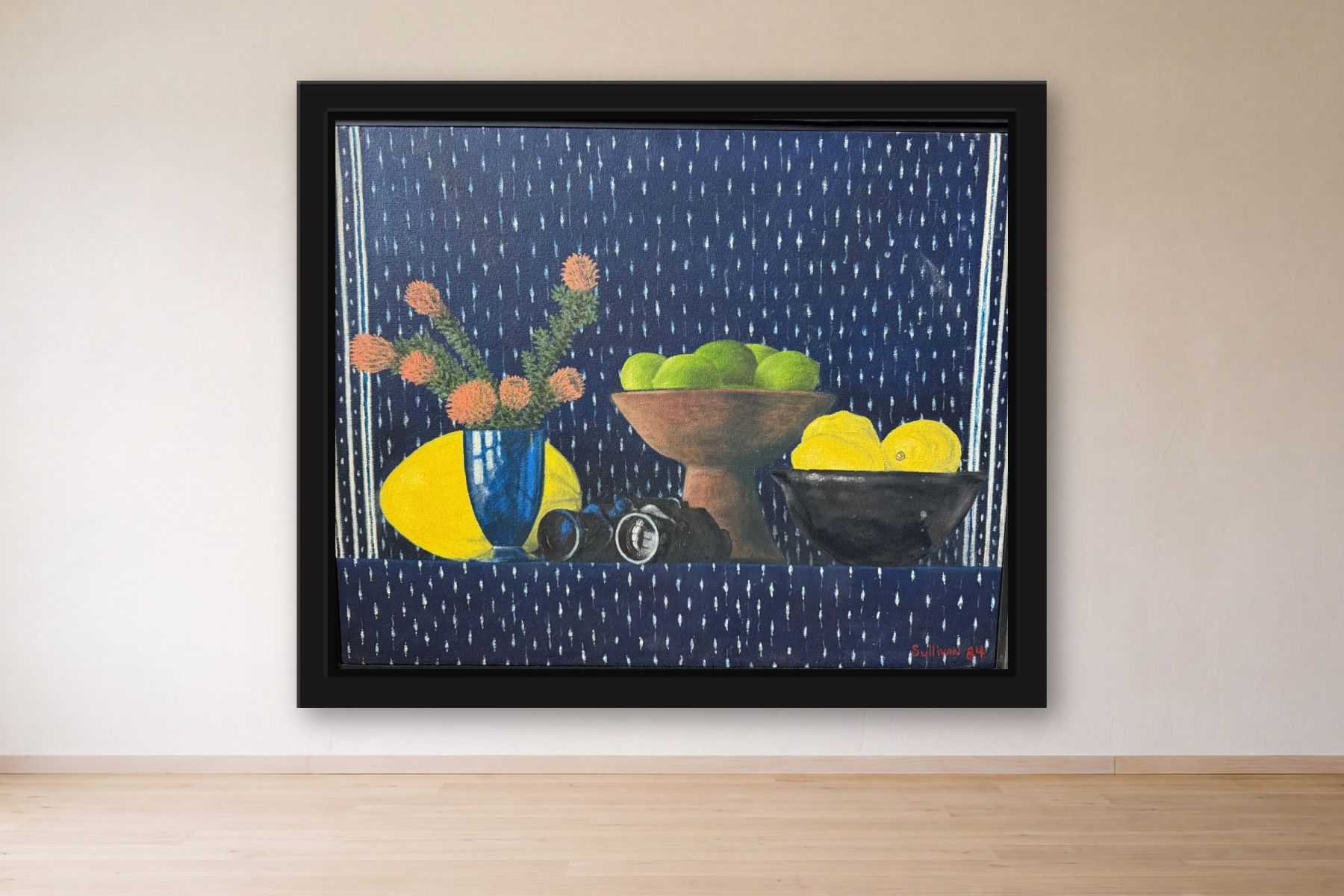 Still life with Binoculars by Bill Sullivan, framed on a gallery wall